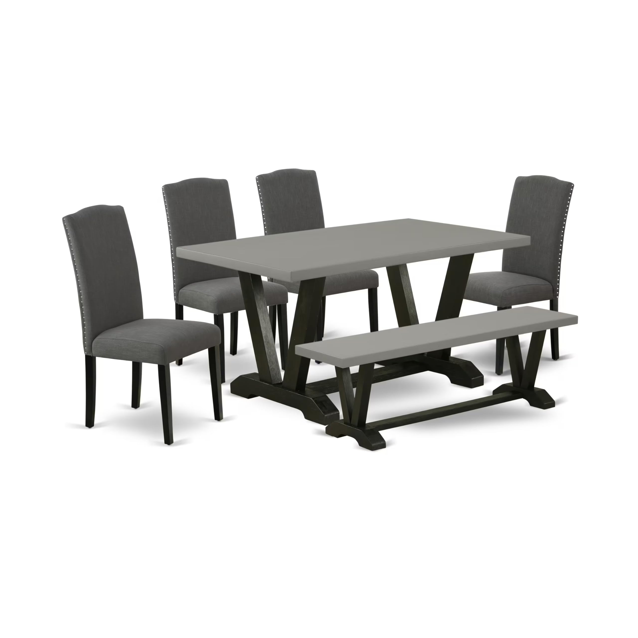East West Furniture V696En120-6 6 Piece Dinette Set Contains A Rectangle Dining Room Table With V-Legs And 4 Dark Gotham Linen Fabric Parson Chairs With A Bench, 36X60 Inch, Multi-Color